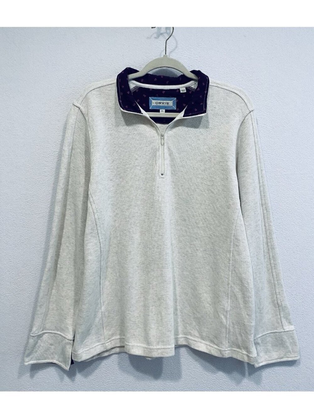 Orvis Sweater Womens XL Heather Beige 1/4 Zip Pullover Contrast Lining Outdoor